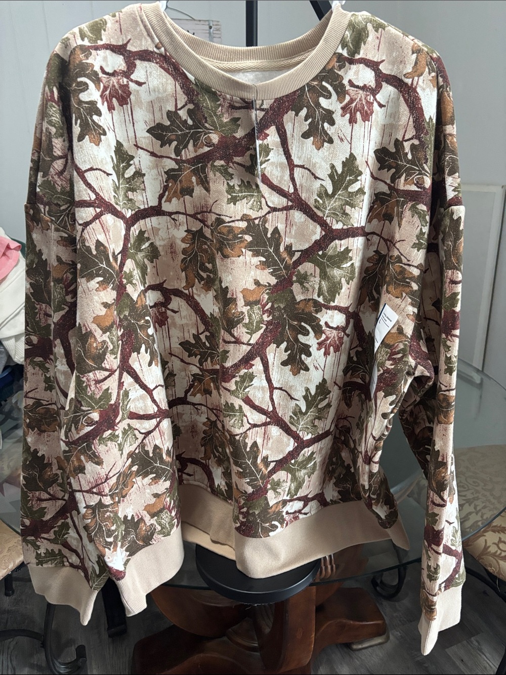 Original Use Beige Crewneck Sweater with Green, Brown, and Burgundy Leaf Pattern